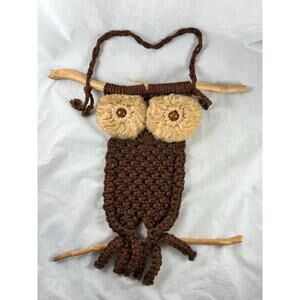 Macrame Owl on Branch Wall Hanging 26" Long Jute Vintage 1970s